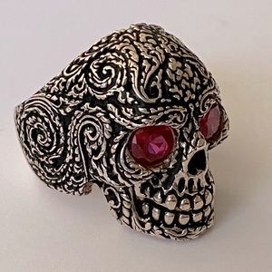 925 sterling silver bike biker skull ring red cz